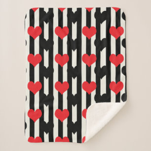 Couverture Sherpa Coeurs Noirs Rouges Sur Bandes Blanches Noires
