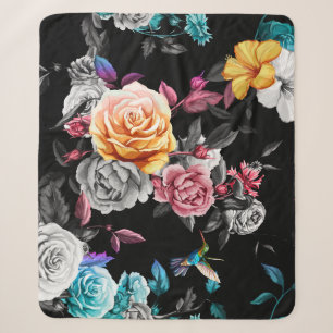 Couverture Sherpa Colibri, rose : arrière - plan noir aquarelle