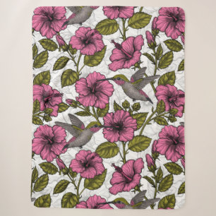 Couverture Sherpa Colibris et fleurs d'hibiscus roses