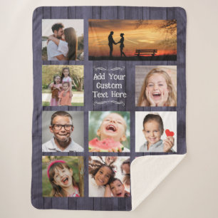 Couverture Sherpa Collage de photos personnalisé Blue Wood avec text