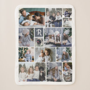 Couverture Sherpa Collage Photo Famille 14 Photos + Monogramme Blanc