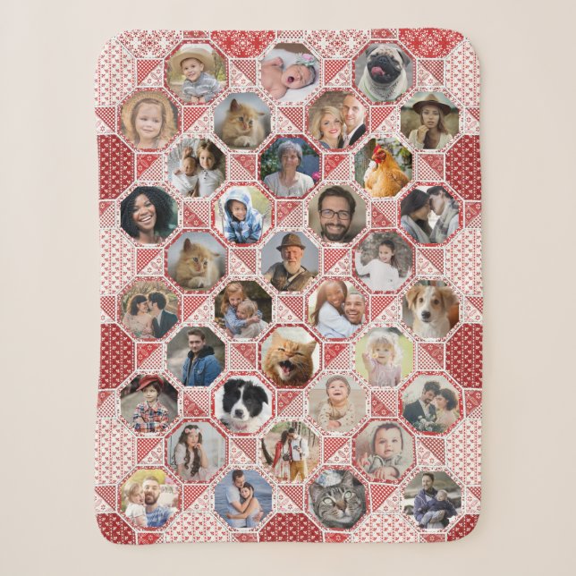 Couverture Sherpa Collage Photo Famille Couette Rouge Look 35 Photos (Devant)