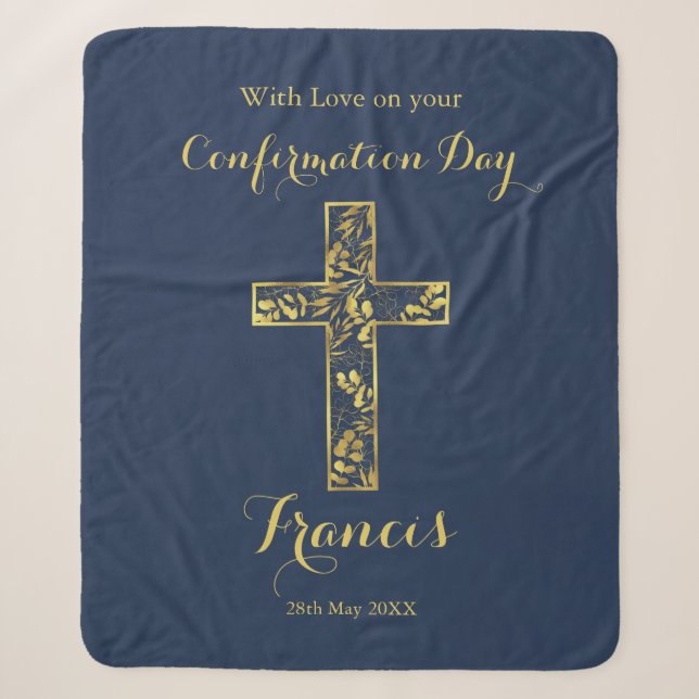 Couverture Sherpa Confirmation de croix bleu or garçons (Devant)