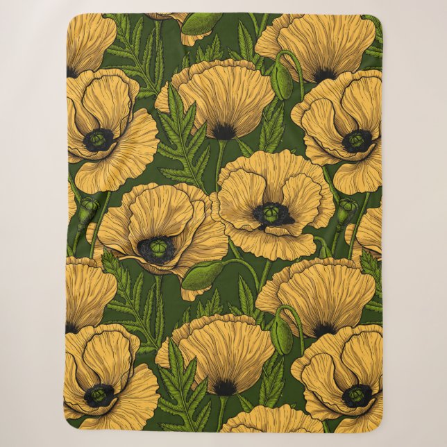 Couverture Sherpa Coquelicots jaunes sur vert foncé (Devant)