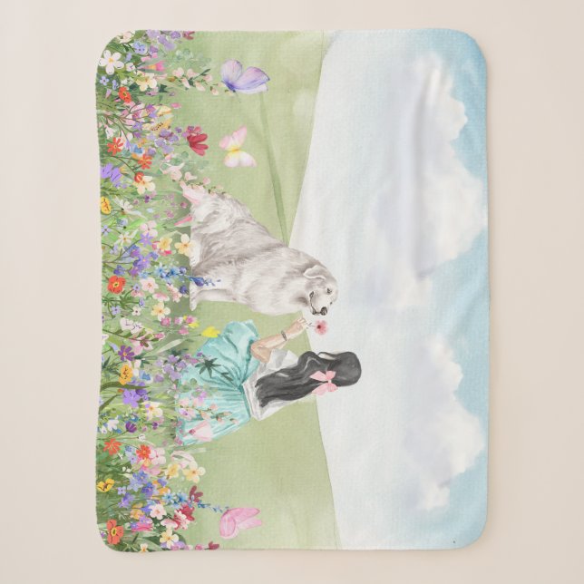 Couverture Sherpa Coquette Fille et Chien Printemps Pré Sherpa Blank (Devant)