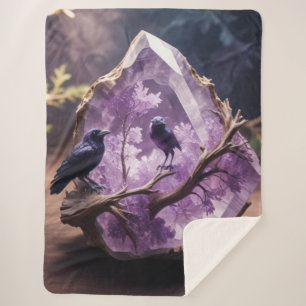 Couverture Sherpa Corneilles d'oiseaux noirs Cristaux d'méthyste