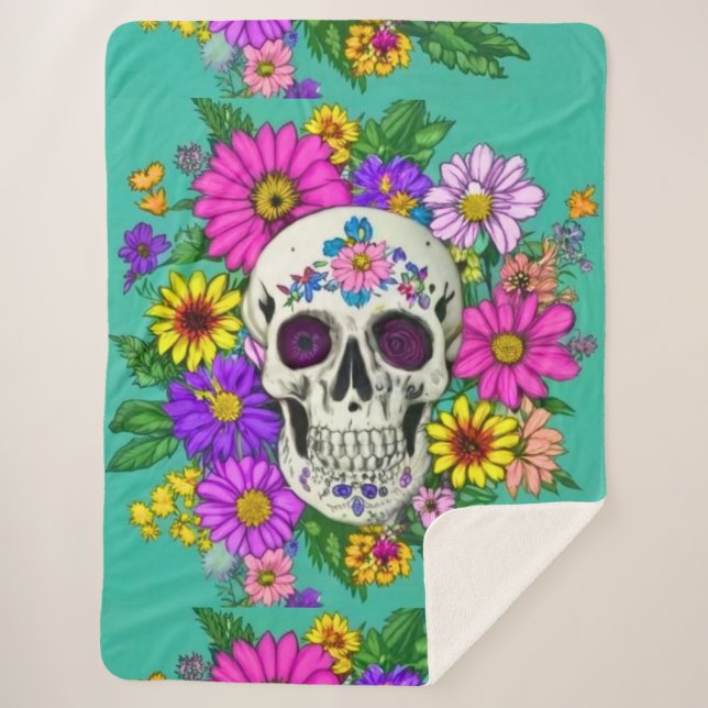 Couverture Sherpa crâne coloré avec fleurs (Devant)