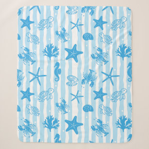 Couverture Sherpa Créatures marines bleues Motif nautique doodle