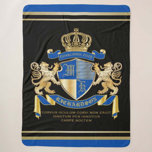 Couverture Sherpa Créez votre propre armoirie Blue Gold Lion Emblem (Devant)