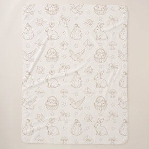 Couverture Sherpa Croquis Marron Crème Paniers Oiseaux Lapins