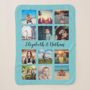 Couverture Sherpa Custom 12 Friends Family Photo Collage Aqua Blue