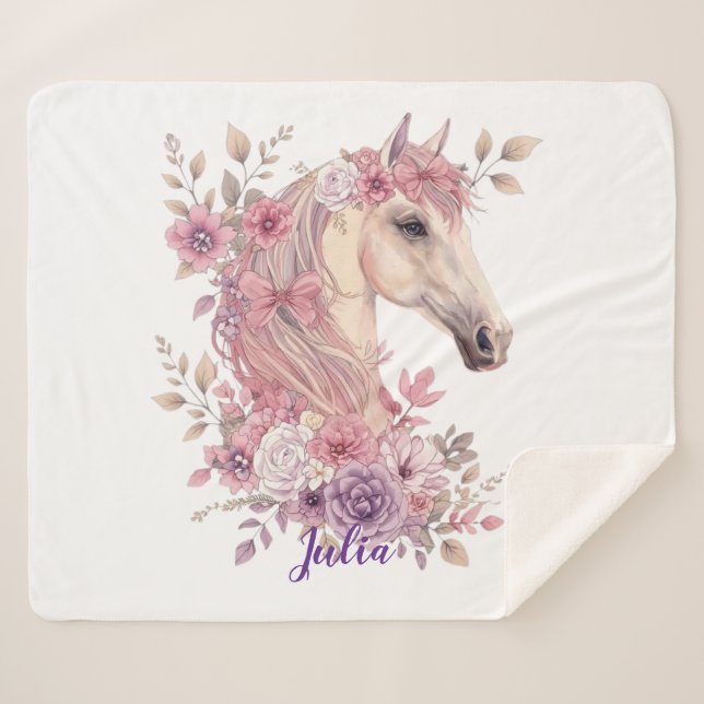 Couverture Sherpa Customizable Pretty Ponies and Petals (Devant (Horizontal))