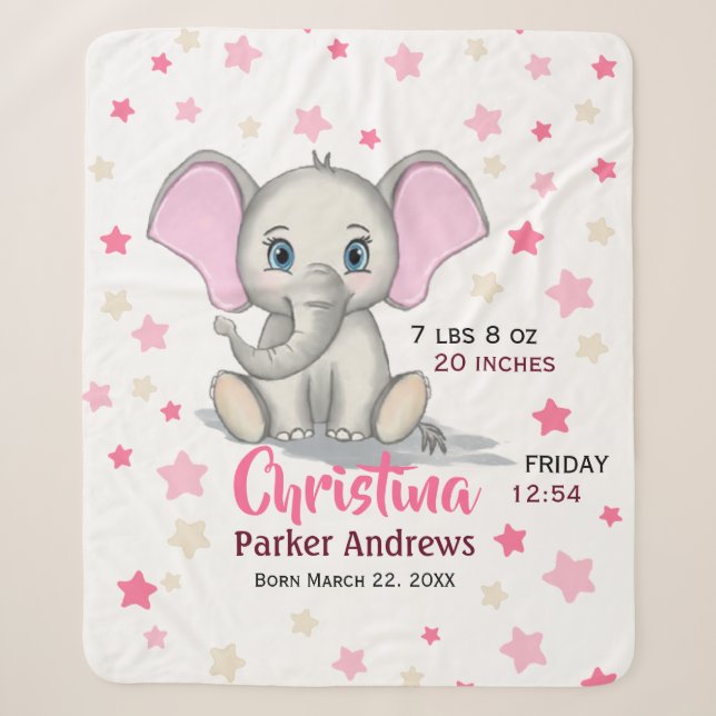 Couverture Sherpa Cute Baby Elephant with Pink Ears Girl Birth Stats (Devant)