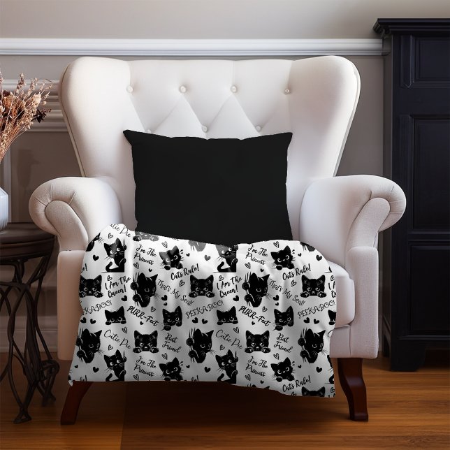 Couverture Sherpa Cute Black Cats et Motif des paroles (Cute Black Cats and Sayings with Hearts Pattern  for Cat Lovers and Halloween Small Sherpa Blanket)
