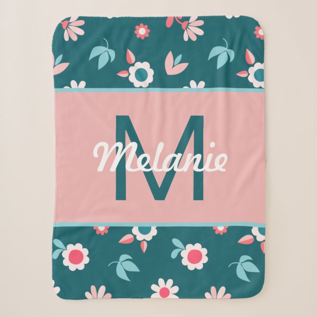 Couverture Sherpa Cute Blue and Pink Personalised Floral Girl's (Devant)