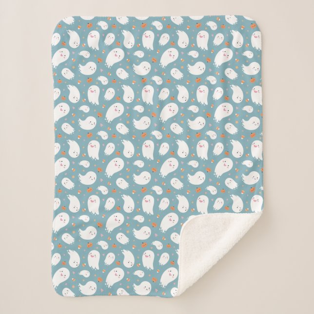 Couverture Sherpa Cute Blue Ghost et Citrouille Sherpa Blanket (Devant)