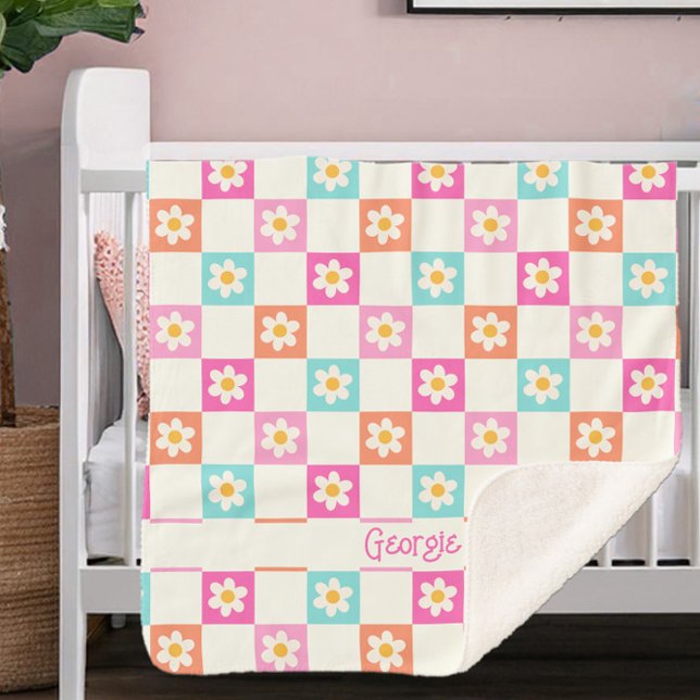 Couverture Sherpa Cute Daisy Chequerboard Simple Coloré (Cute personalized sherpa blanket with colorful daisy chequerboard pattern)