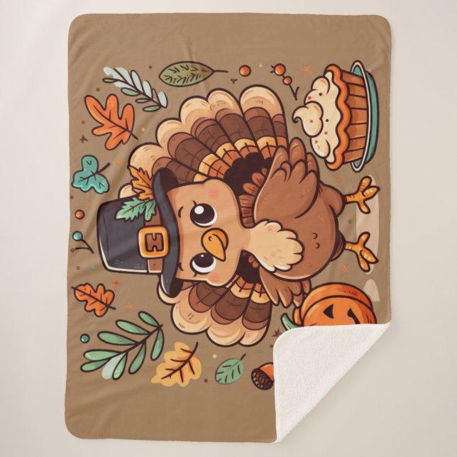 Couverture Sherpa Cute dinde Thanksgiving et citrouille (Devant)