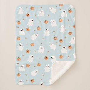 Couverture Sherpa Cute Fantôme et Citrouille Motif d'Halloween bleu