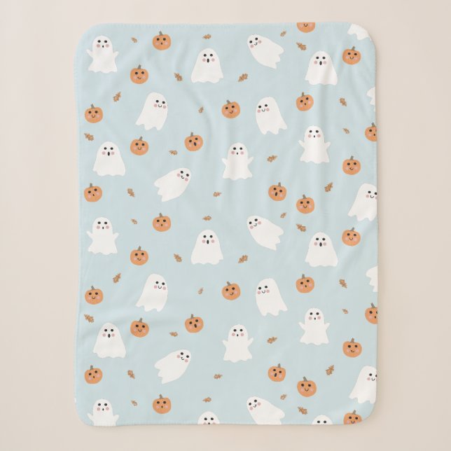 Couverture Sherpa Cute Fantôme et Citrouille Motif d'Halloween bleu (Devant)