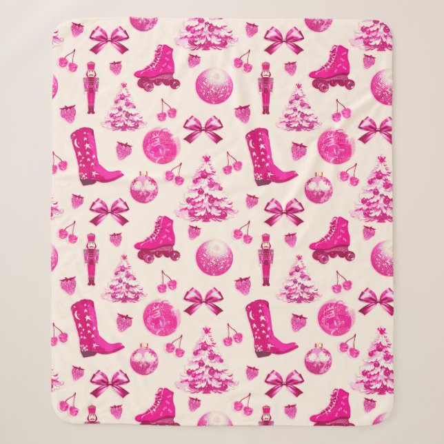 Couverture Sherpa Cute Girly Preppy Motif de Noël rose (Devant)