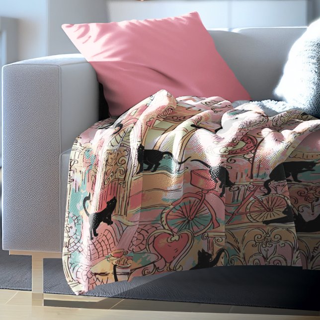 Couverture Sherpa Cute Moderne Aquarelle Paris Café Motif Chat (Créateur téléchargé)