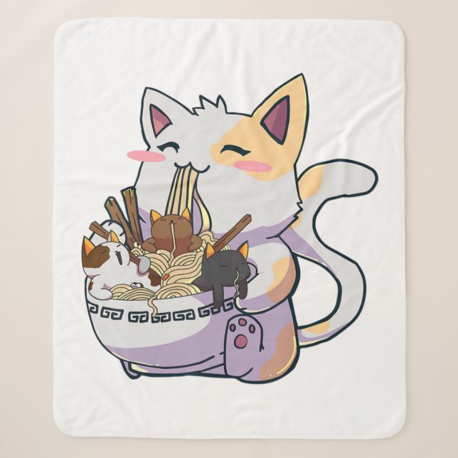 Couverture Sherpa Cute Neko Chat avec nouilles Ramen Bowl Anime Japo (Devant)