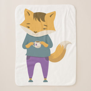 Couverture Sherpa Cute renard avec tasse de thé