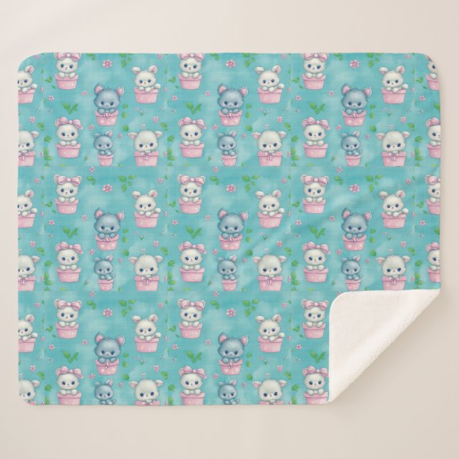Couverture Sherpa Cute Rose Bleu Chatons dans des pots de fleurs (Devant (Horizontal))