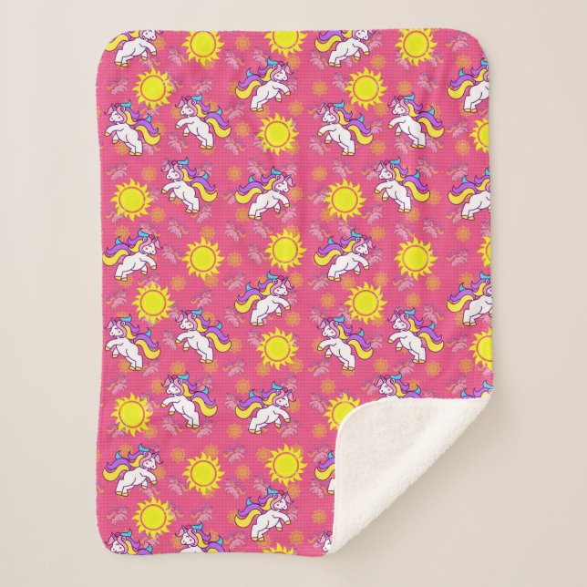 Couverture Sherpa Cute rose chaud Sunny Unicorn Design Motif (Devant)