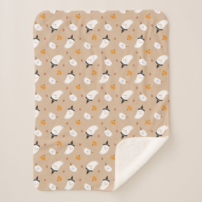 Couverture Sherpa Cute Tan Ghost et Citrouille Sherpa Blanket (Devant)