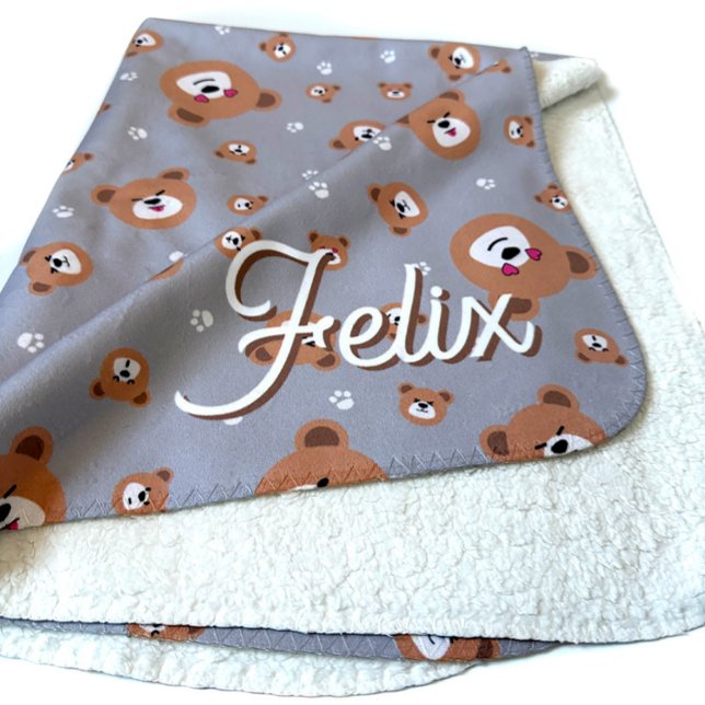Couverture Sherpa Cute Teddy Bear Motif personnalisé (Cute teddy bear gender neutral personalized baby blanket, modern script.)