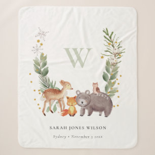 Couverture Sherpa Cute Woodland Animal Feuilleté Wreath Monogramme E