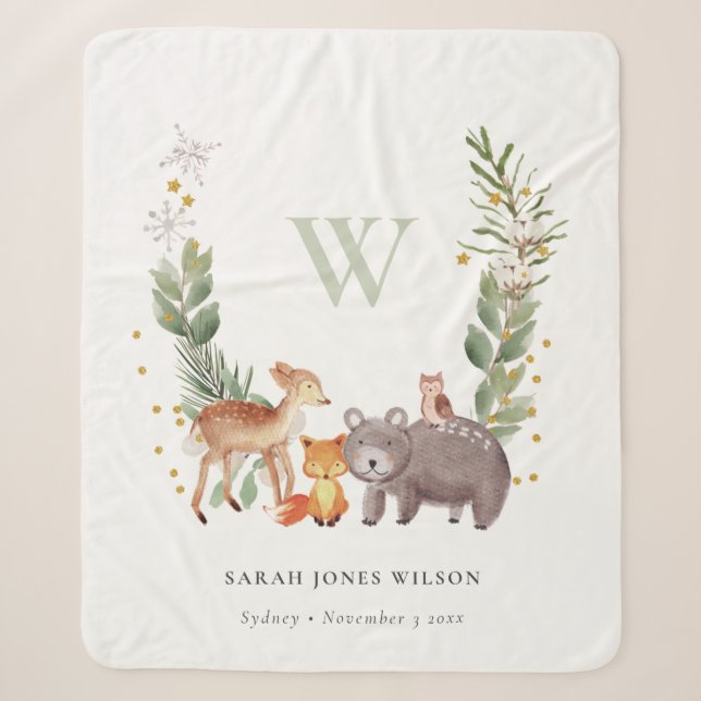 Couverture Sherpa Cute Woodland Animal Feuilleté Wreath Monogramme E (Devant)