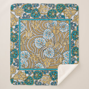 Couverture Sherpa cyclamen bleu art nouveau fleur botanique