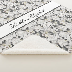 Couverture Sherpa Cygne floral élégant blanc gris Monogramme Stylé
