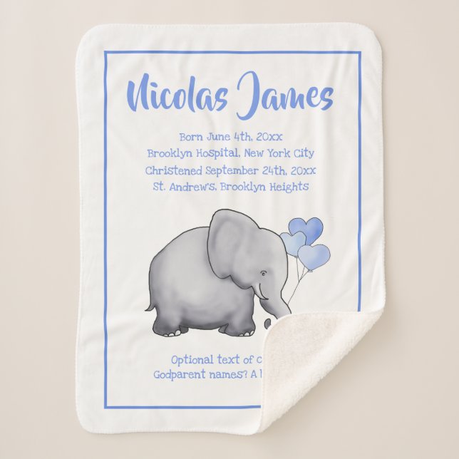 Couverture Sherpa Date de baptême personnalisée Baby Blue Elephant (Devant)