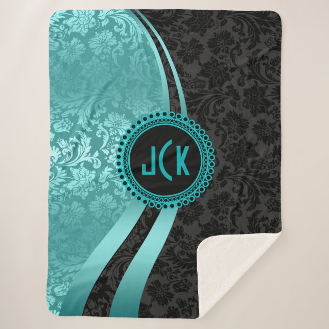 Couverture Sherpa Décor géométrique bleu turquoise et noir Damas (Devant)
