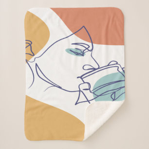 Couverture Sherpa dessin d'art affiche d'une femme buvant du café