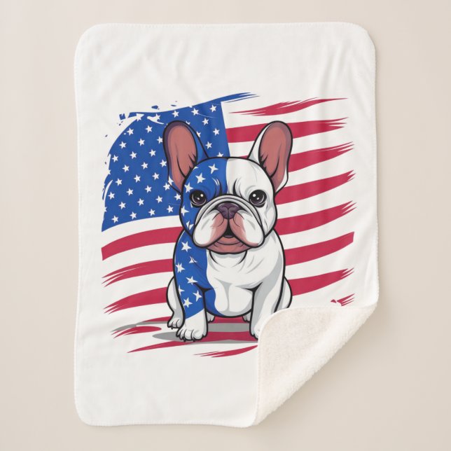 Couverture Sherpa Dessin d'un bulldog français avec drapeau américai (Devant)