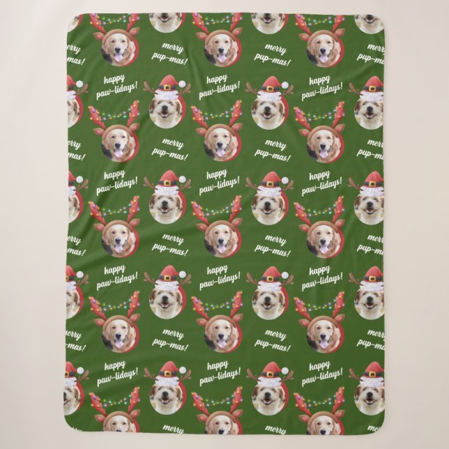Couverture Sherpa Deux rennes photo de chien Joyeux Noël vert (Devant)