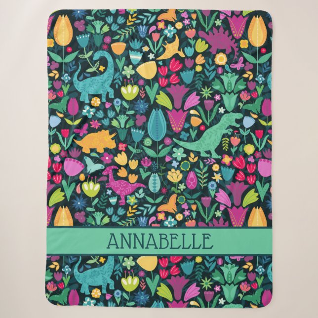 Couverture Sherpa Dinosaure Floral Folk Silhouettes Belles Filles (Devant)