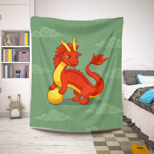 Couverture Sherpa Dragon Chinois Rouge sur Fond Vert