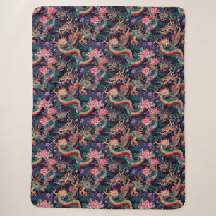 Couverture Sherpa Dragons et fleurs de néon