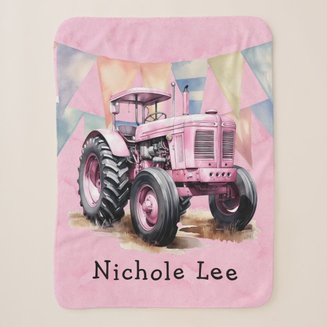 Couverture Sherpa Drapeau rose Tracteur Aquarelle fille Baby shower  (Devant)