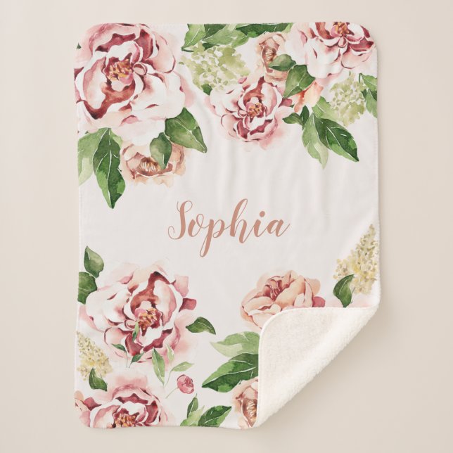 Couverture Sherpa Dusty rose Peony Floral Fille Nom bébé (Devant)