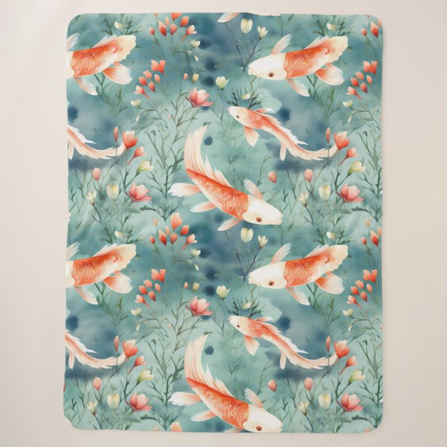 Couverture Sherpa Eaux tranquilles : Aquarelle Koi Motif de poissons (Devant)