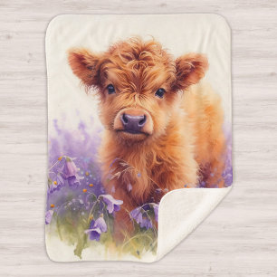 Couverture Sherpa Écossais Highland Vache Calf Violet Fleurs sauvage