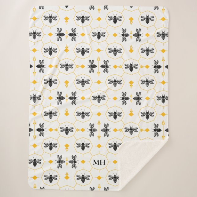 Couverture Sherpa Elégant Bee Motif Jaune moderne Monogramme noir (Devant)