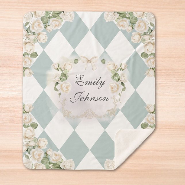 Couverture Sherpa Elegant Monogram White Roses Green Leaves Diamond (In situ)